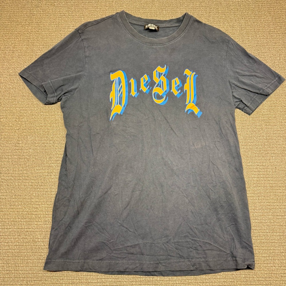 Diesel Men's Gothic Logo Graphic T-Shirt Charcoal Grey XL Short Sleeve Tee Y2K